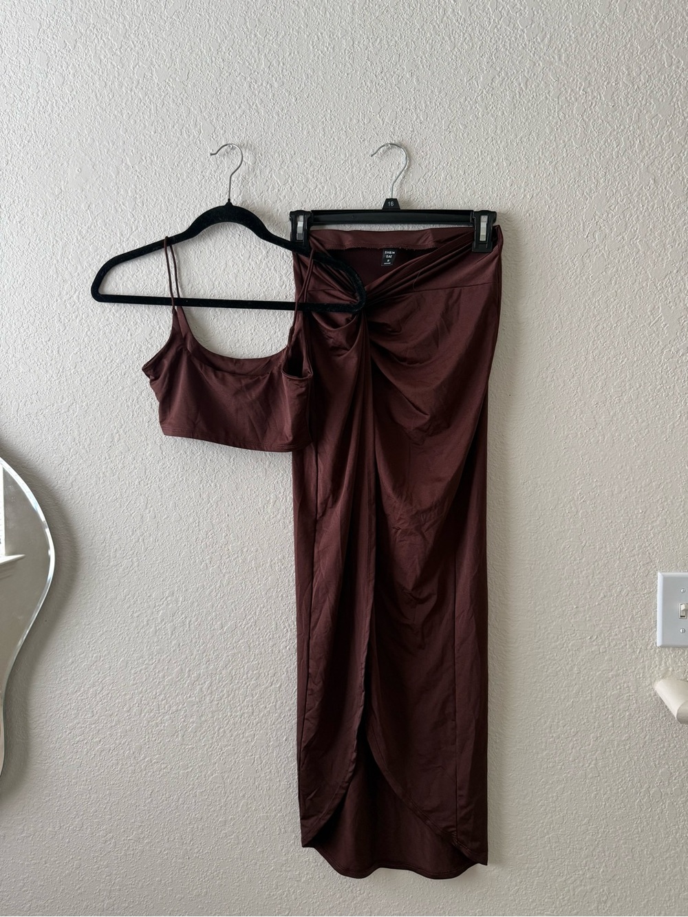 SHEIN Brown Two-Piece Knot Front Crop Top and Skirt Set